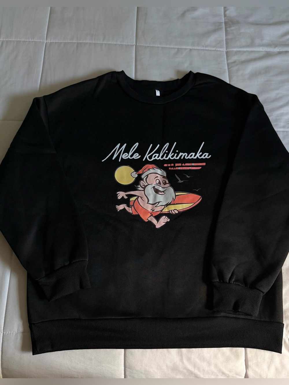 Mele Kalikimaka Christmas Surfer Santa Black Graphic Crewneck Sweater - Large